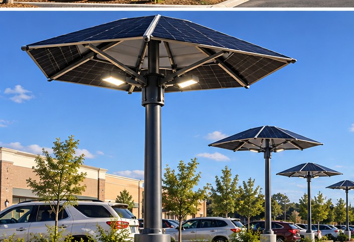 Conceptual six-panel solar umbrella assembly and mounting details